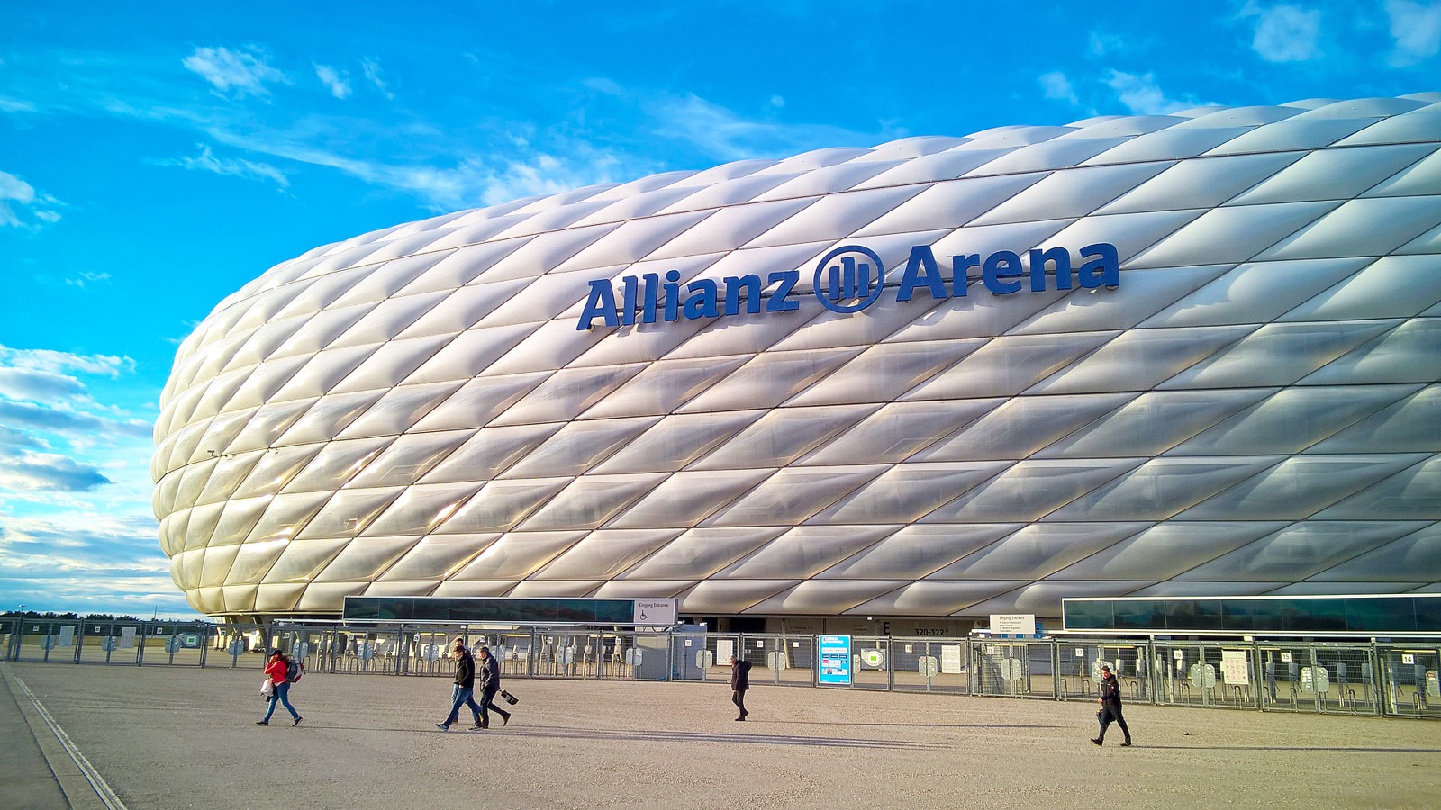 The Allianz Arena in Munich, its inflated-panel exterior lit red for a Bayern match