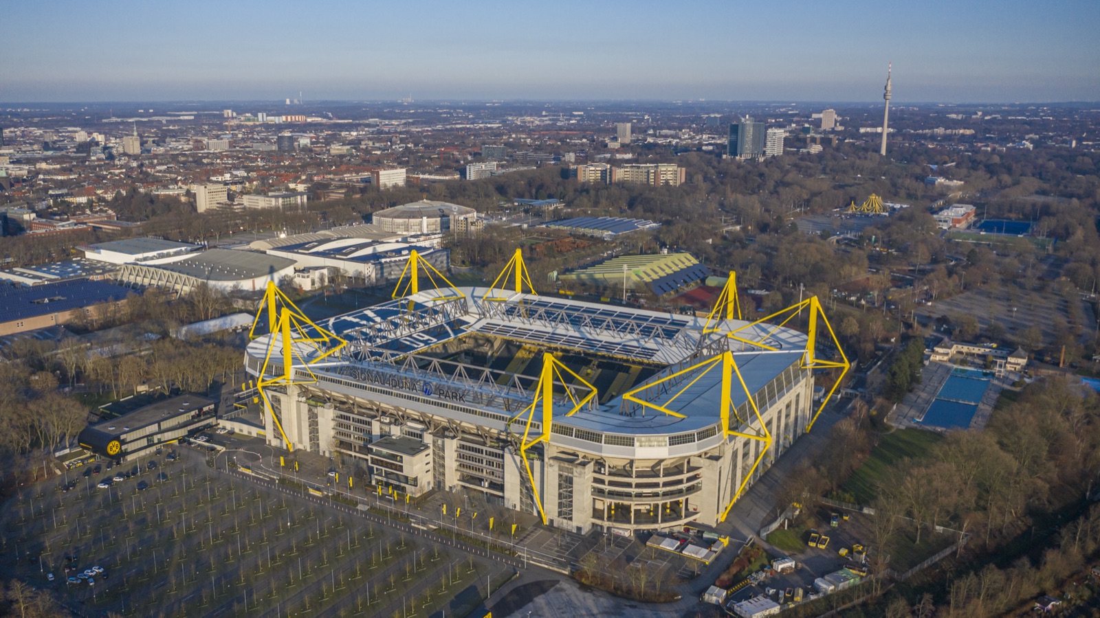 Aerial view of Signal Iduna Park, Borussia Dortmund's stadium, with its yellow roof pylons