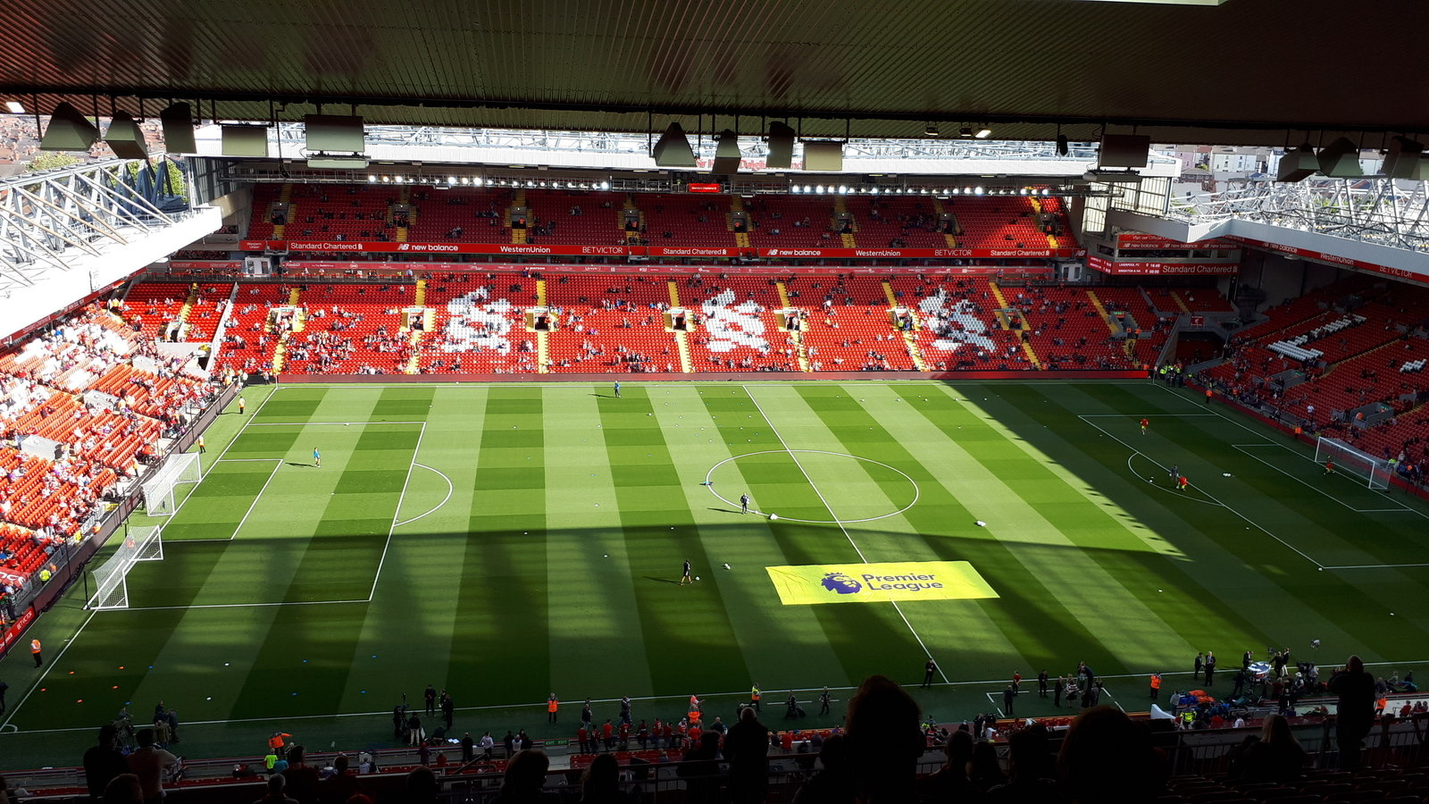 Anfield stadium, home of Liverpool FC, seen from above with the Kop stand