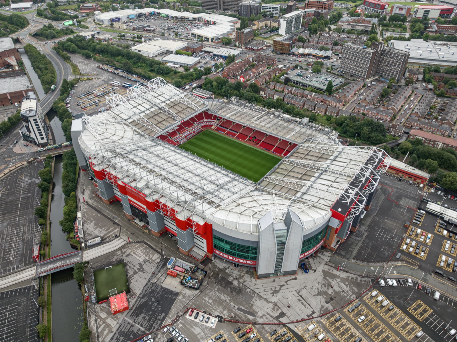 Aerial view of Old Trafford, Manchester United's stadium, with the Bridgewater Canal alongside